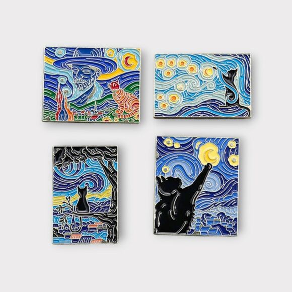 Starry Night Black Cat Enamel Pin Van Gogh Oil Painting Brooch Lapel Badge Set 4 - Picture 14 of 14